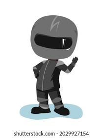 Motorcyclist in a black jacket and helmet. Biker uniform. Cartoon style. He waves his hand. Funny character. Flat design. Isolated on white background. Vector.