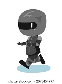 Motorcyclist in a black jacket and helmet. Biker uniform. Runs. Cartoon style. Funny character. Flat design. Isolated on white background. Vrctor.