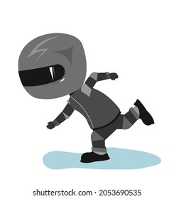 Motorcyclist in a black jacket and helmet. Runs on foot. Biker uniform. Cartoon style. Funny character. Flat design. Isolated on white background. Vector.