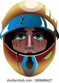 un motociclista con casco roto está llorando