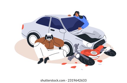 Motorcyclist and car driver after collision. Damaged transport vehicles after auto hit biker on motorcycle. Dangerous road traffic accident. Flat vector illustration isolated on white background