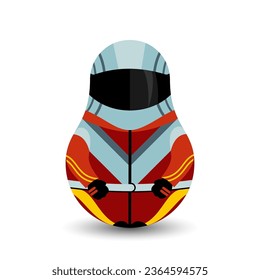 Motociclista. El conductor es un atleta de deportes motorizados con traje y casco. Diseñar juguete inclinado. Las muñecas kawaii modernas para su proyecto de negocios. Vector flotante.