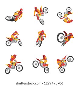 Motorcyclist Driving Motorcycle set, Motocross Racing, Sportsman Performing Tricks Vector Illustration