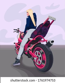 Motorcyclist girl stunt rider. Biker girl on a motorcycle. Sports motorcycle and beautiful girl illustration.