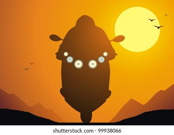 The motorcyclist goes on the way to a sunset background