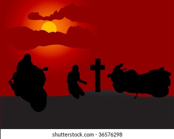 Motorcyclist grave in the sunset