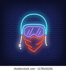 Motorcyclist head in helmet and goggles neon sign. Motorcycle club and advertisement design. Night bright neon sign, colorful billboard, light banner. Vector illustration in neon style.