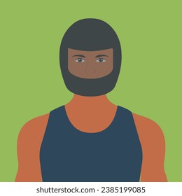 Motorcyclist Helmet front flat design vector. club Rider man illustration. male Head in Helmet. People safety and protection concept. Motorcycle sport. Muscular biker wearing a tank top on a motorbike