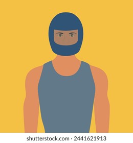 Motorcyclist Helmet front flat design vector. club Rider man illustration. male Head in Helmet. People safety and protection concept. Motorcycle sport. Muscular biker wearing a tank top on a motorbike