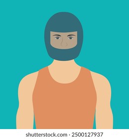 Motorcyclist Helmet front flat design vector. club Rider man illustration. male Head in Helmet. People safety and protection concept. Motorcycle sport. Muscular biker wearing a tank top on a motorbike