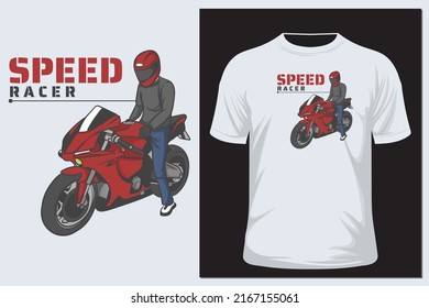 Motorcyclist in helmet and motorbike. T shirt