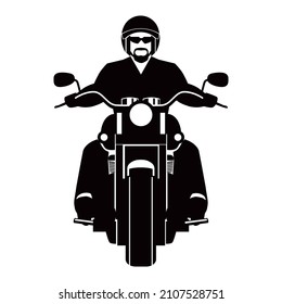 Motorcyclist icon. Silhouette frontal classic biker on a large motorcycle