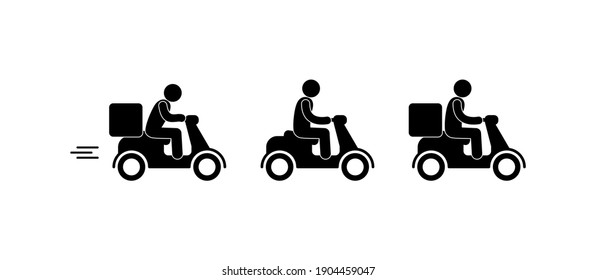 motorcyclist icons set, courier delivers parcel, isolated pictograms stick figure man rides