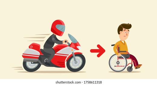 A motorcyclist with injury after an accident and crash rides a wheelchair. Violation of the traffic rules. Vector illustration, flat design, cartoon style, isolated background.