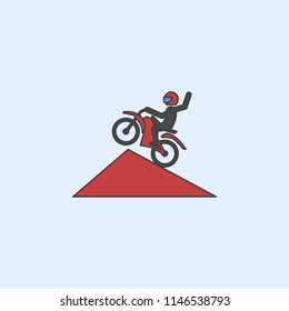 motorcyclist in jump field outline icon. Element of monster trucks show icon for mobile concept and web apps. Field outline motorcyclist in jump icon can be used for web and mobile on blue background