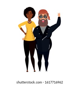 motorcyclist man with afro woman characters vector illustration design