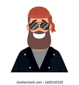 motorcyclist man with beard avatar character vector illustration design