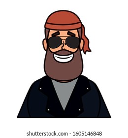 motorcyclist man with beard avatar character vector illustration design