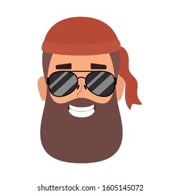 motorcyclist man with beard and sunglasses head vector illustration design