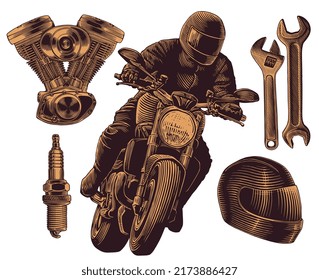 Motorcyclist, motorcycle helmet, motor, spark plug, wrenches. Design set. Editable hand drawn illustration. Vector vintage engraving. 8 EPS