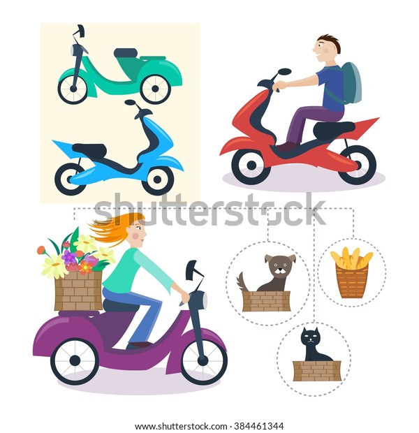Motorcyclist on motorbike. Girl carries dog,\
cat, basket of flowers, basket with bread on the trunk of the\
scooter. Boy with a backpack on a scooter. Fast city transport.\
Biker with\
motorcycle