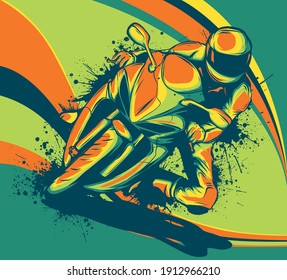 Motorcyclist on a motorcycle in colored background vector illustration.