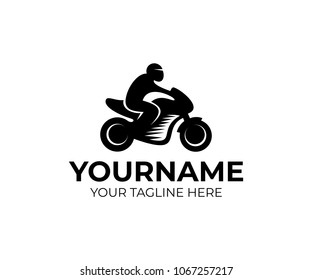 Motorcyclist on motorcycle, motorbike, logo template. Moto sport and racing, vector design. Auto transport, illustration