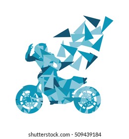 Motorcyclist performed extreme stunts driver vector abstract background illustration made of polygon fragments isolated on white