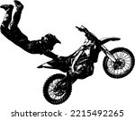 A motorcyclist performing a stunt on a motorcycle. Vector illustration of bike stunt man silhouette. Sketch drawing of a man doing a bike stunt in the air
