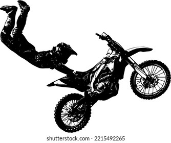 A motorcyclist performing a stunt on a motorcycle. Vector illustration of bike stunt man silhouette. Sketch drawing of a man doing a bike stunt in the air