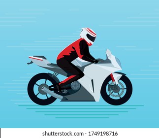 Motorcyclist In a protective suit and helmet rides a sports bike. Adventure touring vehicle with a biker on it. Blue background. Sport motorcycle flat design vector illustration. Side view.