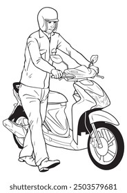 A motorcyclist pushes his motorcycle because of a flat tire. Illustration in black and white and vector format.