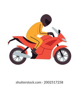 Motorcyclist Racer In Helmet Ride On Red Motorbike. Transport For Travel, Trip And Sport Race. Flat Cartoon Vector Illustration Isolated On White.