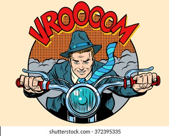 Motorcyclist Rider Biker Man Pop Art Retro Style. The Love Of Motorcycles. Speed And Route. Retro Transport