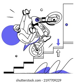 Motorcyclist rides up the stairs.