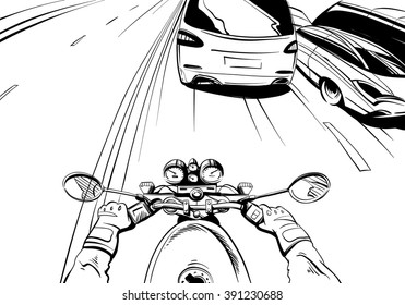 Motorcyclist riding on a motorcycle. Hand drawn comic vector illustration