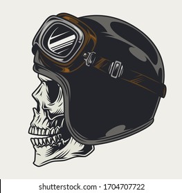 Motorcyclist skull side view vintage template with helmet and goggles isolated vector illustration