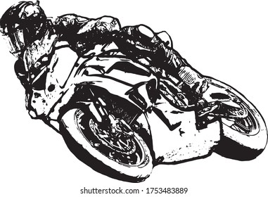 Motorcyclist at sport bike rides by empty asphalt road. sport bike