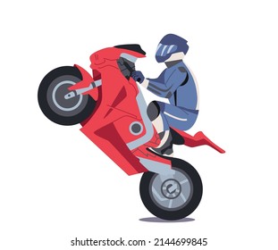 Motorcyclist Stuntman Male Character Riding Motorcycle Making Extreme Stunts Isolated on White Background. Man Wear Safety Costume and Helmet Driving Modern Bike. Cartoon People Vector Illustration