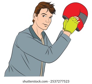 A motorcyclist taking off his helmet. Illustration in colors and vector format.