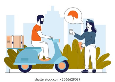 Motorcyclist without helmet. Traffic police officer punishes driver. Violation of traffic rules. Fine, penalty and punishment. Patrol at highway. Linear vector illustration