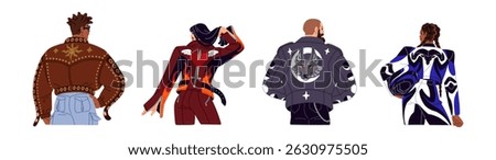 Motorcyclists in motorcycle gear back view set. Bikers are wearing leather jackets with different designs. People are in motorbike clothing, safety helmet. Flat isolated vector illustrations on white