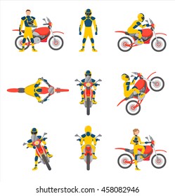 Motorcyclists on motorbikes set, vector illustration. Motorbiker in different poses. Trick doing by motorcyclist. Motocross race. Front, side, top and rear view of motorcyclist on motorbike