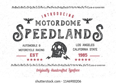 "Motordrome Speedlands". Hand Made Typeface. Custom handwritten alphabet. Original Letters and Numbers. Clean and Textured Versions Included. Vector.