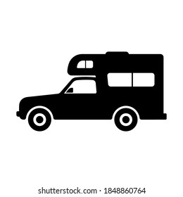 Motorhome based pickup truck icon. Black silhouette. Side view. Vector flat graphic illustration. The isolated object on a white background. Isolate.