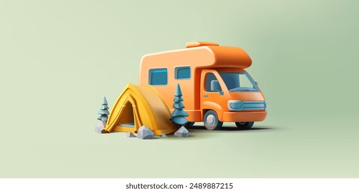 Motorhome, camper, tent, trees, 3D. For concepts of travel, and recreation in nature. Banner on a green background. Vector illustration