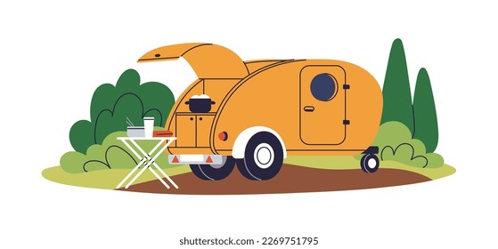 Motorhome, camping car with kitchen for cooking food. Camper trailer, motor home with table in nature. RV auto, travel campervan for summer trip. Flat vector illustration isolated on white background