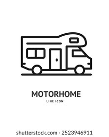 Motorhome Car ou Camper Van Black Thin Line Ícone Camping Conceito. Ilustração vetorial do equipamento recreativo