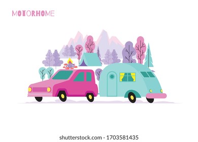 Wohnwagenwohnung mit Außenlandschaft und Autobildern mit Wohnwagen mit Vektorillustration und Textgrafik