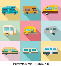 Motorhome car trailer camp house icons set. Flat illustration of 9 motorhome car trailer camp house vector icons for web